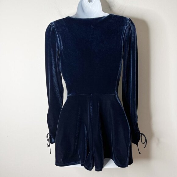 Urban Outfitters Women's Goldmine Velvet Romper XS Navy Blue Surplice Faux Wrap - Picture 6 of 9